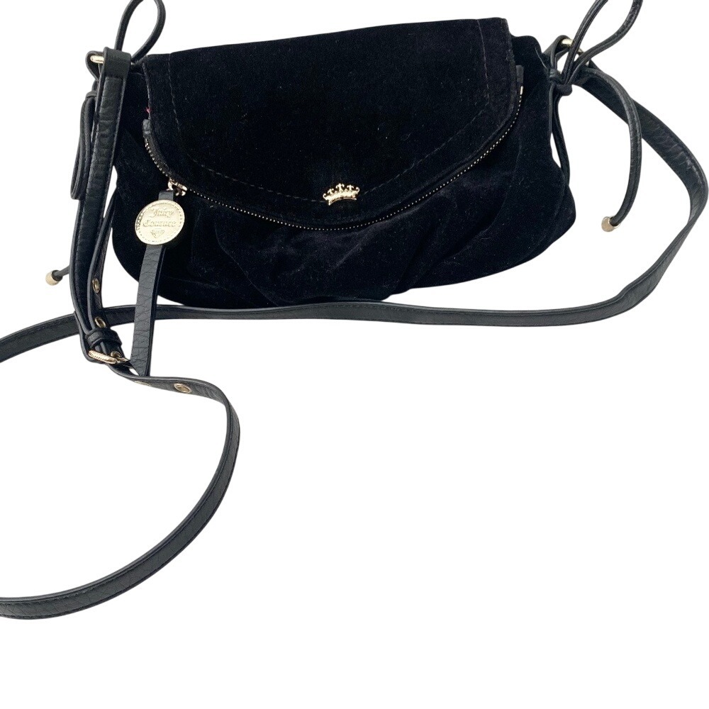 Y2K Juicy Couture Greta Flap Black Velvet Crossbody Bag‎ Leather Trim
